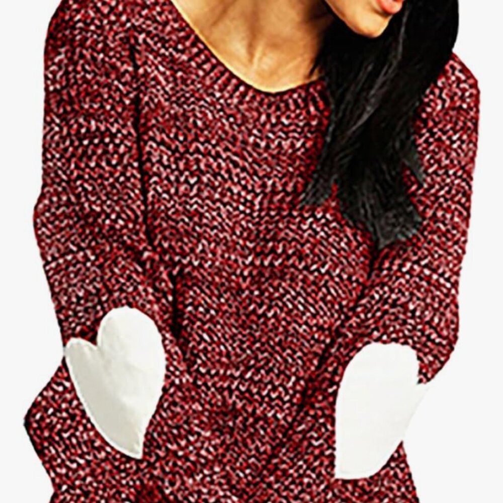 Shermie Wine Red Heart Elbow Patchwork Knit Sweater S